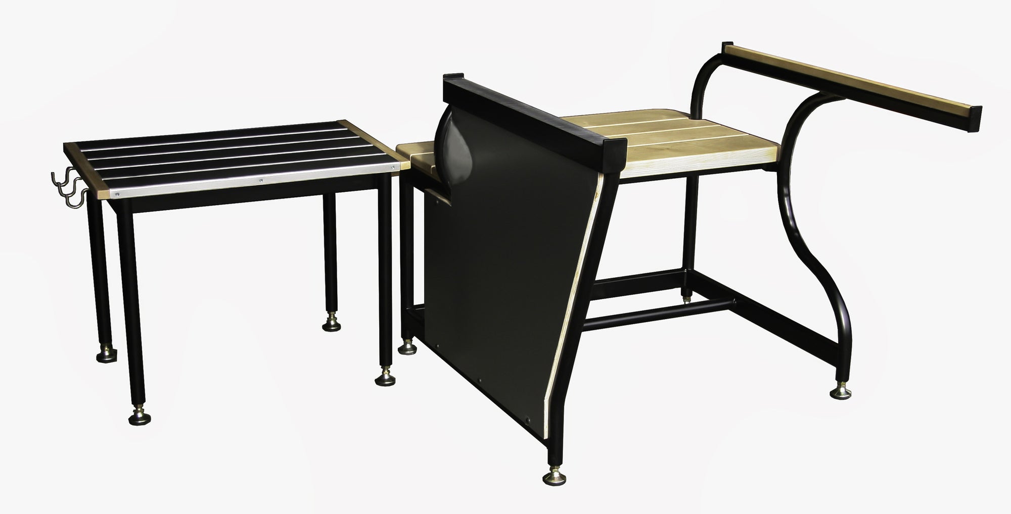 Traditional bench and separate side table for hot glass working, featuring black powder coated steel  construction, with maple accents.